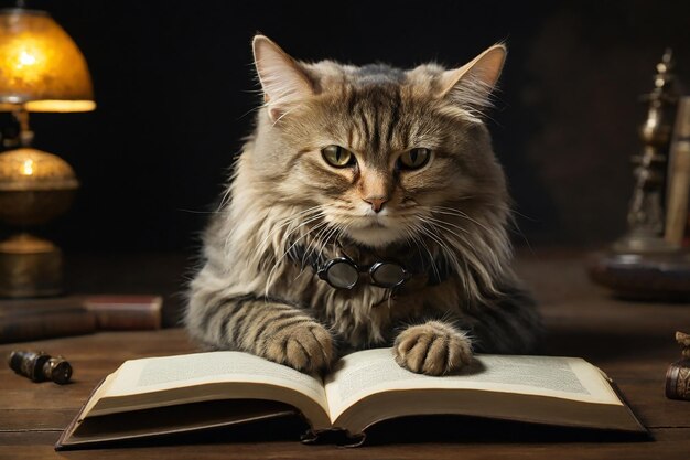 Un chat anthropomorphe avec des lunettes lit un livre