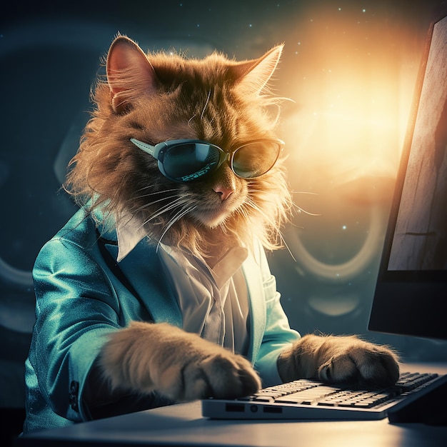 Photo un chat anthropomorphique cool en 3d utilisant un ordinateur pour le commerce et portant des lunettes de soleil de style moderne
