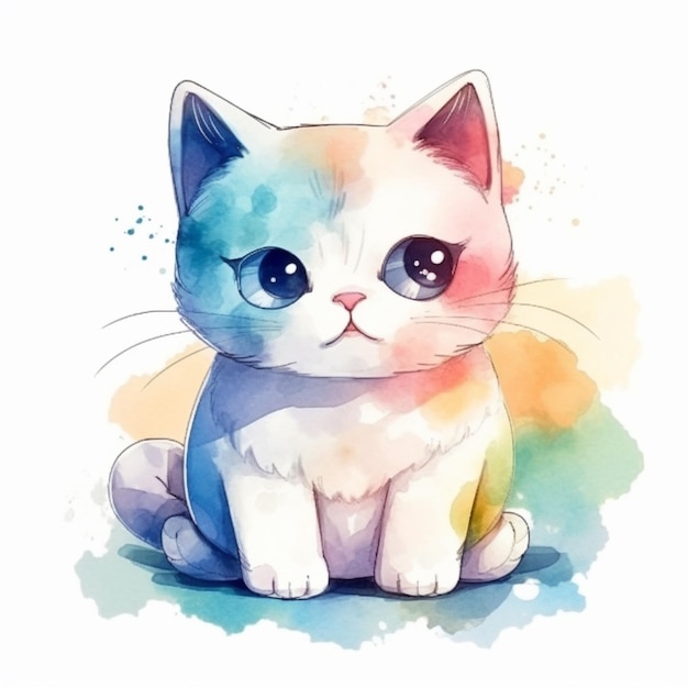 Un chat aquarelle aux yeux bleus