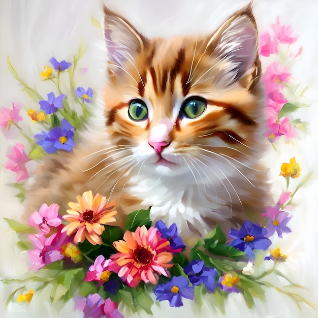 Un chat à l'aquarelle avec des fleurs