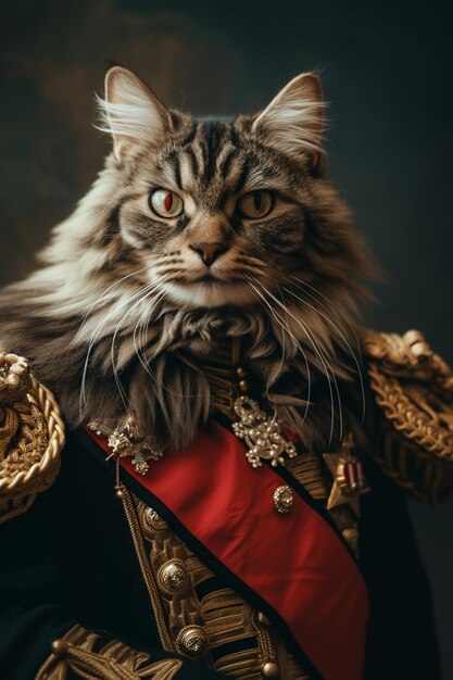 chat araffe dans un uniforme militaire avec un collier rouge génératif ai