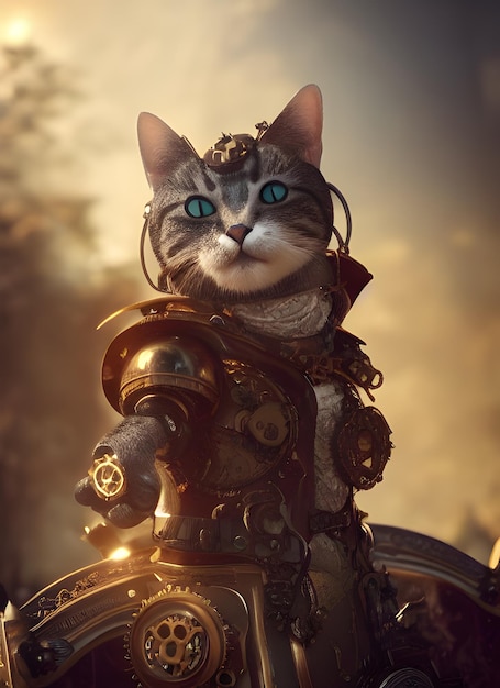 chat en armure de magicien steampunk, art numérique fantastique, art d'horreur, art futuriste - steampun apocalyptique