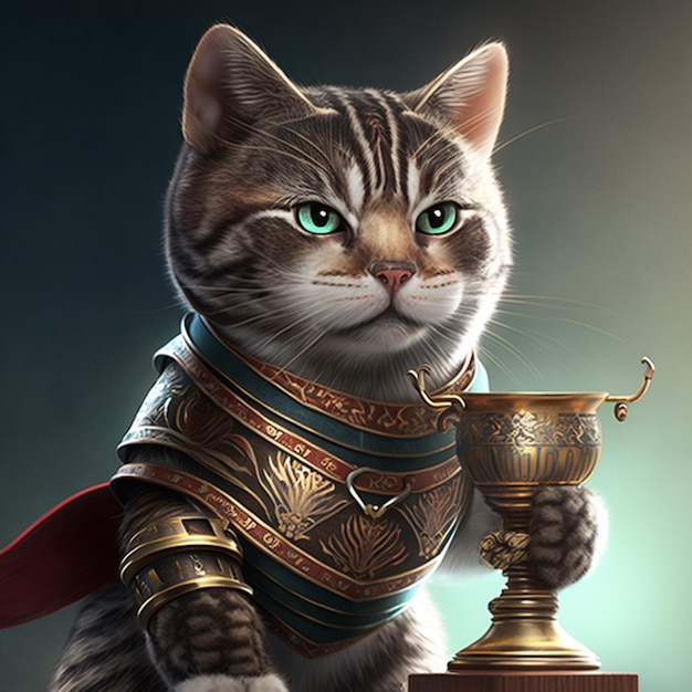 Un chat arrafé vêtu d'une armure tenant un trophée sur un piédestal