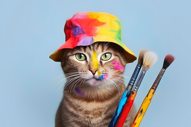 Un chat artiste avec des pinceaux de peinture générés par l'IA