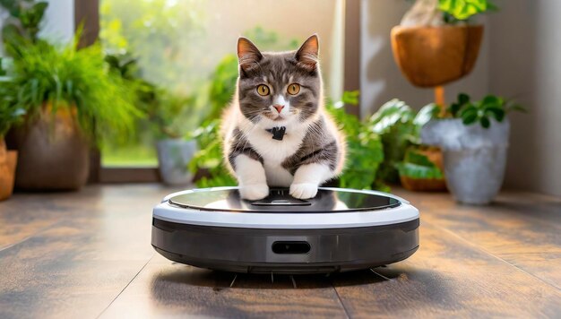 Un chat sur un aspirateur robot