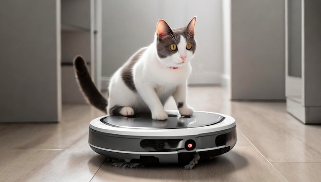 Un chat sur un aspirateur robot