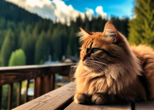 un chat assis sur une balustrade surplombant une forêt