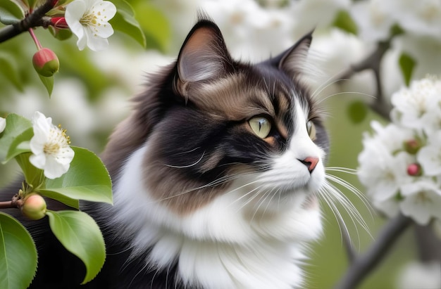 Un chat assis sur une branche en fleurs d'un pommier au printemps