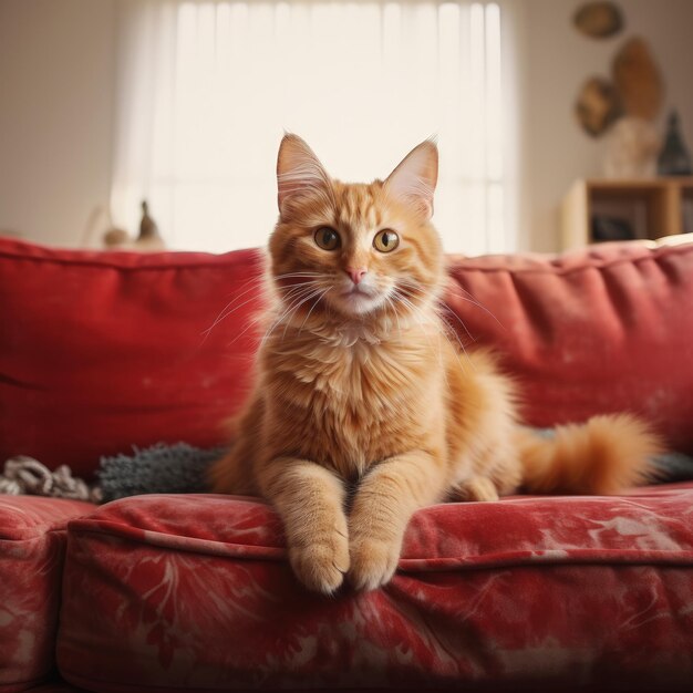 Un chat assis sur un canapé bronzé