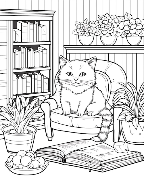 Un chat assis dans un fauteuil devant des livres