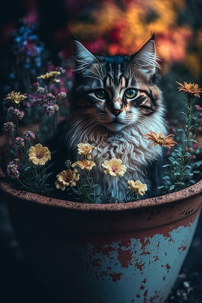 Chat assis dans le pot de fleurs. Généré par l'IA