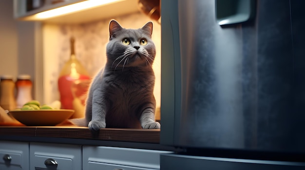 Un chat assis sur le dessus d'un réfrigérateur observant curieusement la cuisine