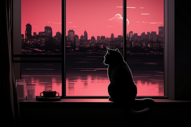 Un chat assis sur une fenêtre qui regarde la ville.