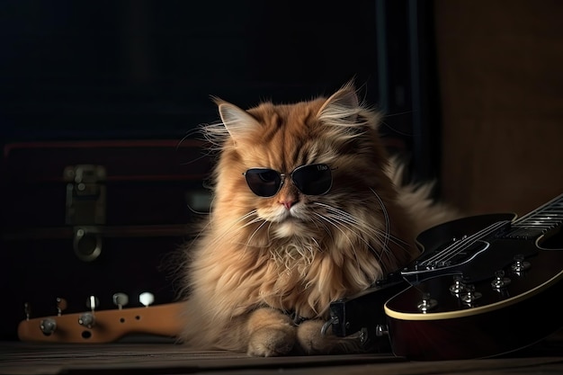 Chat assis avec guitare prêt pour un concert de rock créé avec une IA générative