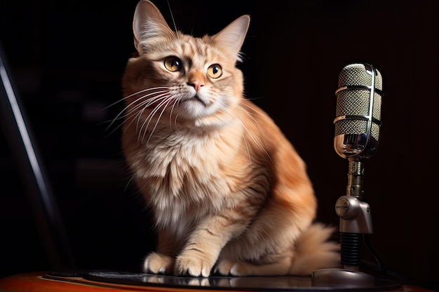 Chat assis sur un microphone vintage dans un studio d'enregistrement rétro créé avec une IA générative