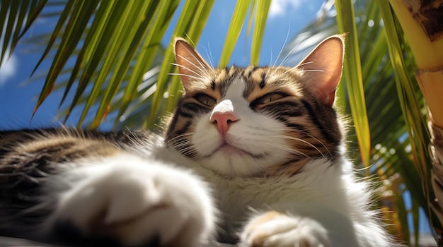 un chat assis à l'ombre d'un palmier qui se détend