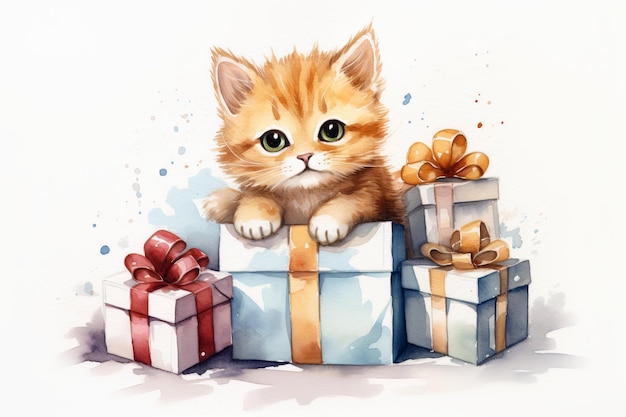 Un chat assis sur une pile de cadeaux