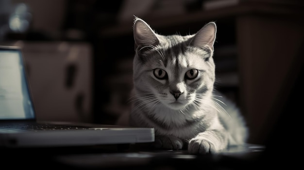 Chat assis près d'un ordinateur portable