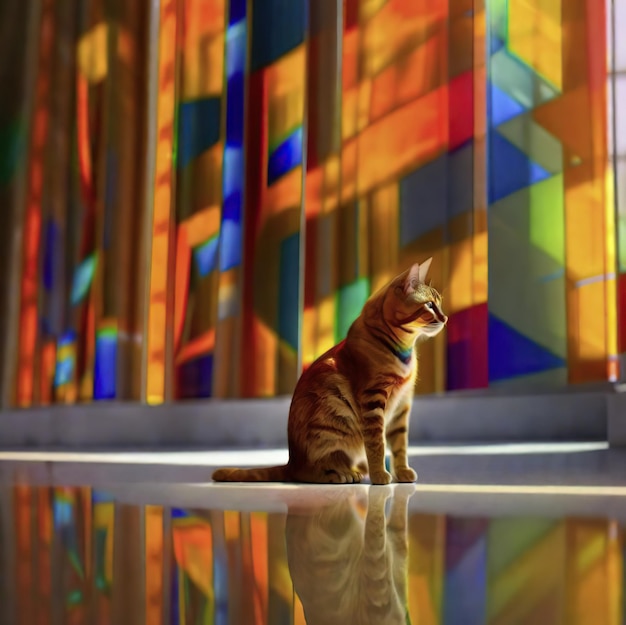 Un chat assis sur le sol devant un mur de verre coloré photo couleur étonnante co réaliste