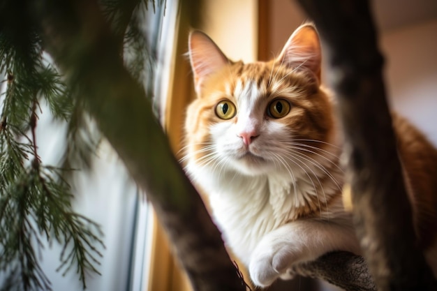 Un chat assis solitaire sur un arbre intérieur