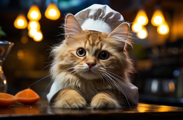 Un chat assis sur une table avec un chapeau de chef