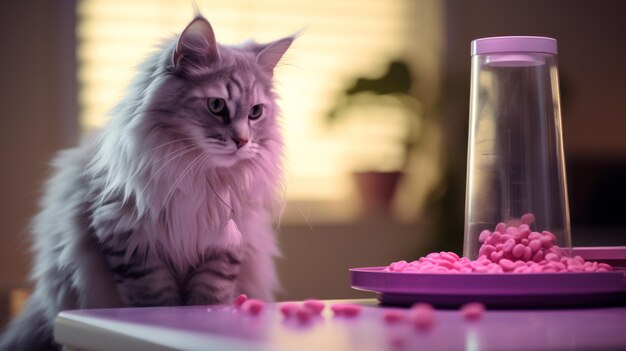 Un chat assis sur la table à côté d'un bol de bonbons