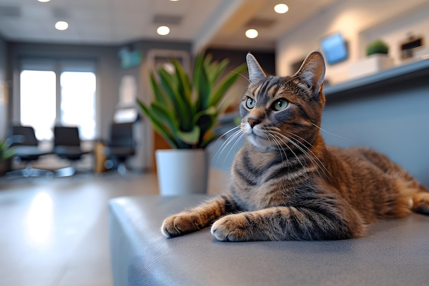 Un chat assis sur une table dans un bureau