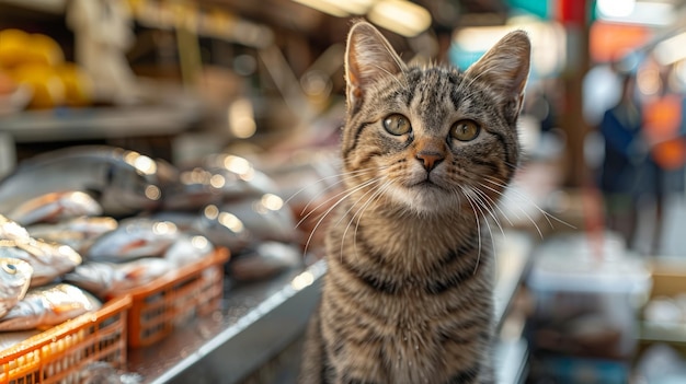 Un chat assis sur une table dans un magasin