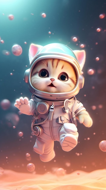 Un chat astronaute dans l'espace avec des bulles roses en arrière-plan.