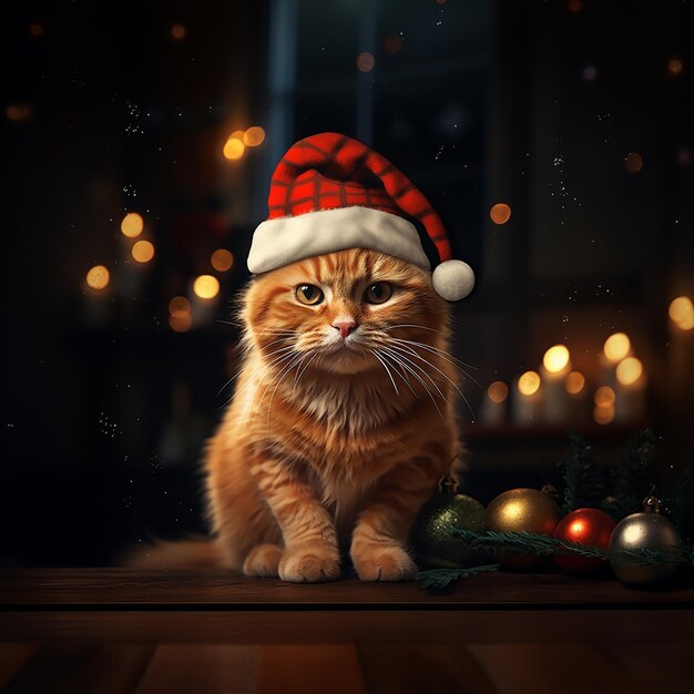 Un chat au gingembre dans un chapeau rouge de Père Noël sur le fond des lumières de Noël