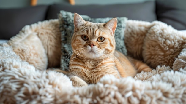 Un chat au gingembre détendu sur un lit d'oreiller beige confortable avec des coussins bleus doux à la maison