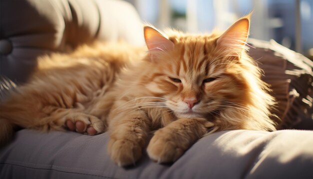 Le chat au gingembre dormant sur le canapé doux Le chat au Gingembre mignon et paresseux allongé sur un canapé L'orange de la maison confortable