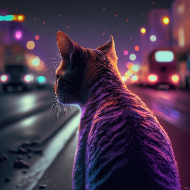 Un chat au milieu de la route regardant les voitures Generative AI