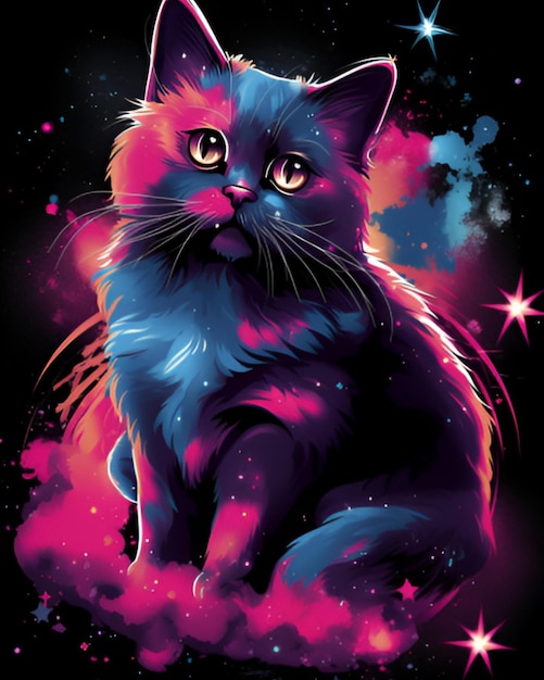 Un chat au visage violet et bleu est assis dans un espace avec des étoiles en bas.