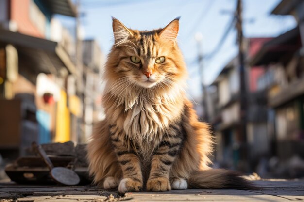 un chat aux cheveux longs assis dans une rue