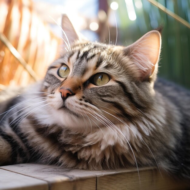 un chat aux cheveux longs posé sur une table en bois