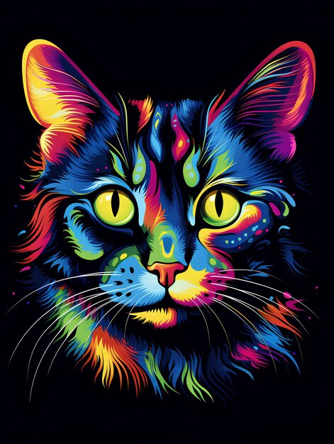 Photo un chat aux couleurs vives avec ses yeux peints en couleurs arc-en-ciel sur un fond noir