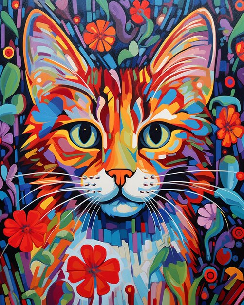 chat aux couleurs vives avec des yeux brillants et des fleurs colorées sur un fond noir