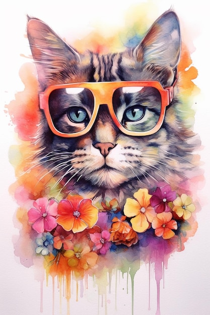 Un chat aux lunettes fleuries