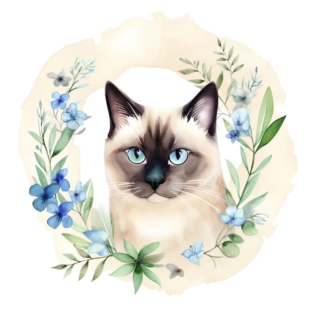 Un chat aux yeux bleus et aux yeux bleus est dans une couronne de fleurs