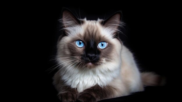 Un chat aux yeux bleus est assis sur un backgr noir