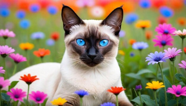 Photo un chat aux yeux bleus est assis dans un champ de fleurs