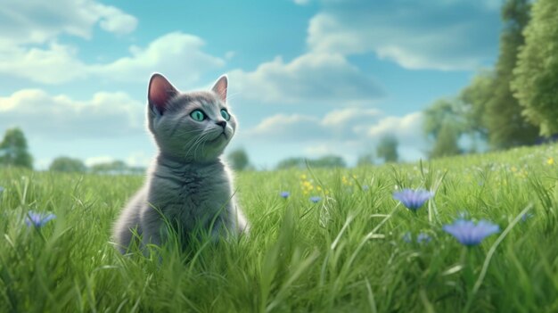 Un chat aux yeux bleus est assis dans un champ avec un paysage verdoyant en arrière-plan illustration 3D