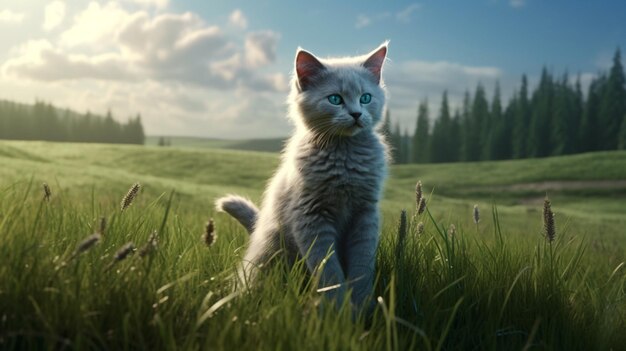 Un chat aux yeux bleus est assis dans un champ avec un paysage verdoyant en arrière-plan illustration 3D