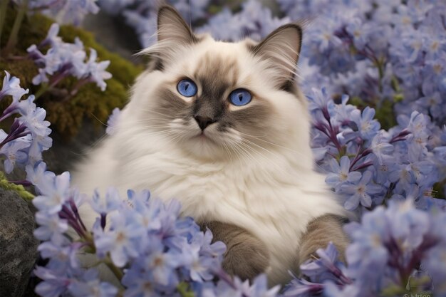 Un chat aux yeux bleus est assis dans une fleur violette.