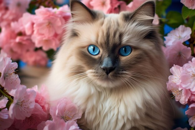 Un chat aux yeux bleus est assis parmi les fleurs.