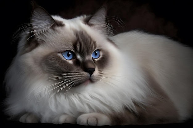 Un chat aux yeux bleus est couché.