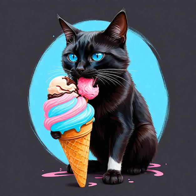 un chat aux yeux bleus est en train de manger un cône de crème glacée