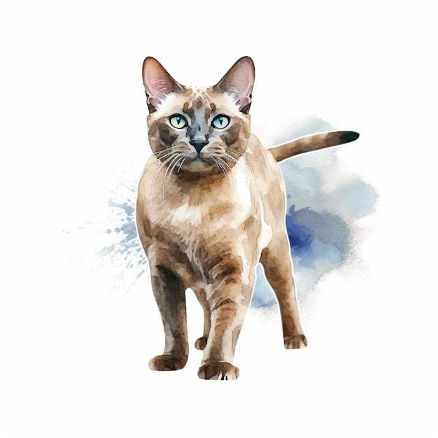 Un chat aux yeux bleus marche sur un fond blanc.