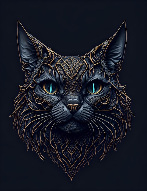 Un chat aux yeux bleus et un motif doré sur le visage.